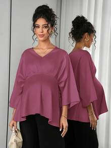 Momance Blusa con cuello en V, mangas de murciélago y volantes en el bajo para mujeres embarazadas de unicolor - Rojo violeta - Ver 5