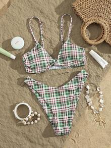 Bonvoyette Conjunto de bikini de tirantes finos a cuadros para vacaciones de primavera/verano en la playa - Multicolor - Ver 5