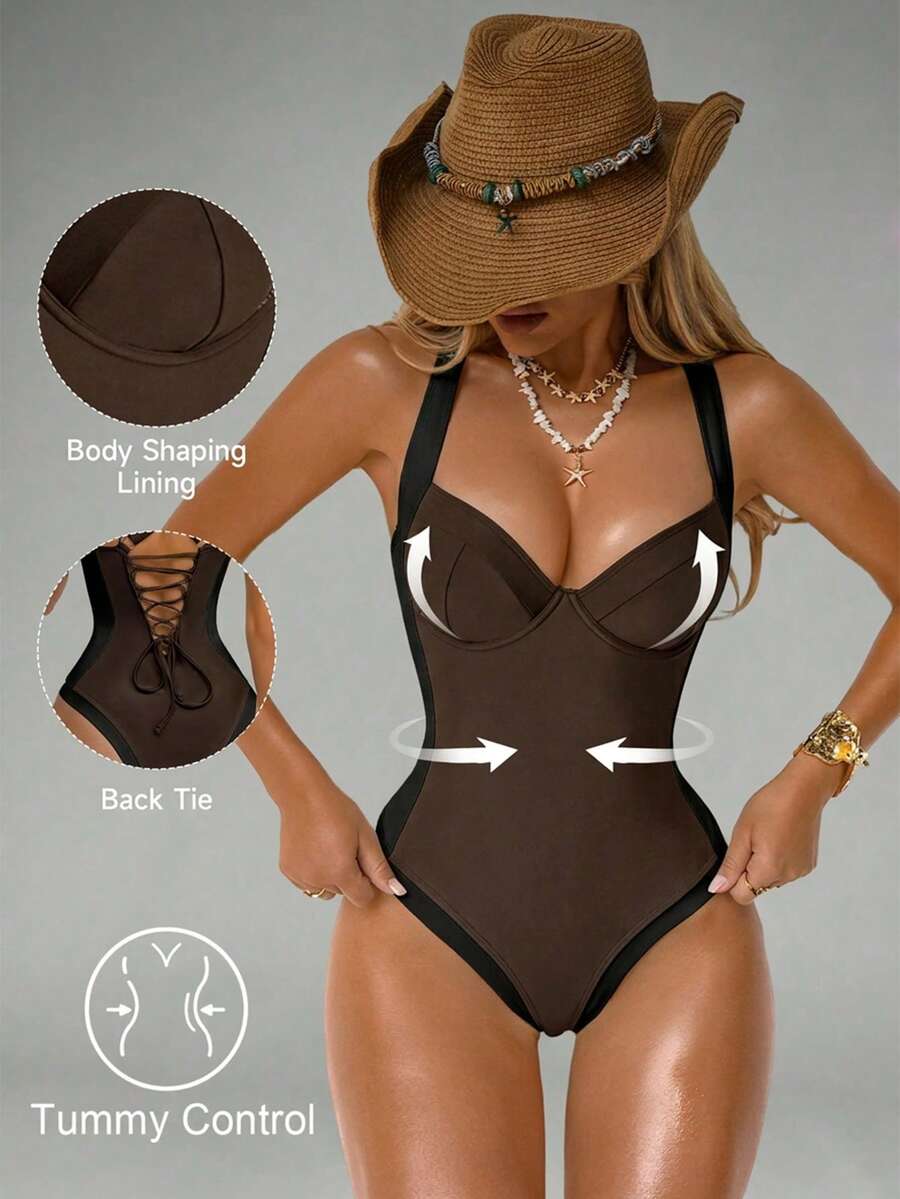Shapewave Áo tắm liền thân nữ kiểm soát vùng bụng, phối màu nâu và be, có đường may bên hông, nâng ngực, giúp thon gọn vóc dáng. - Cà phê nâu - Xem 1