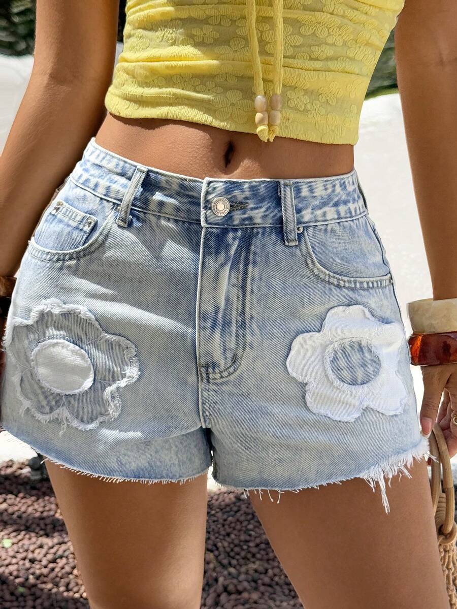 Rivivi Women's Summer Casual Basic Embroidered Denim Shorts Swimming White - Light Wash - View 1