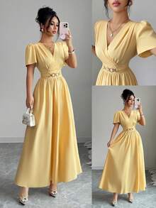 Flora Isola Flora Isola Vải dệt xếp nếp mới cho nữ với tay áo nhún bèo, trang trí nút ở eo, thiết kế dây rút ở eo, váy ôm vừa vặn thanh lịch và giản dị mặc hàng ngày - Màu vàng - Xem 9