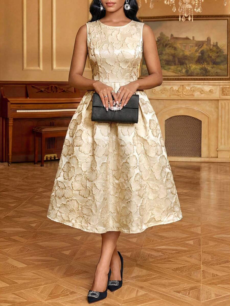 SHEIN Lady Đầm nữ thanh lịch cổ tròn không tay dài đến đầu gối - Màu vàng ngỗng - Xem 1