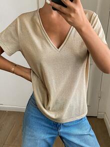 Livesso Kaos Wanita Lengan Pendek Longgar Kasual Warna Polos Leher V, Cocok untuk Musim Panas - Aprikot - View 6