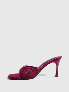CUCCOO SZL Ladies Mesh Hot Rhinestone High Heel Sandals Prom Heels Summer Shoes - Burgundy - View 4