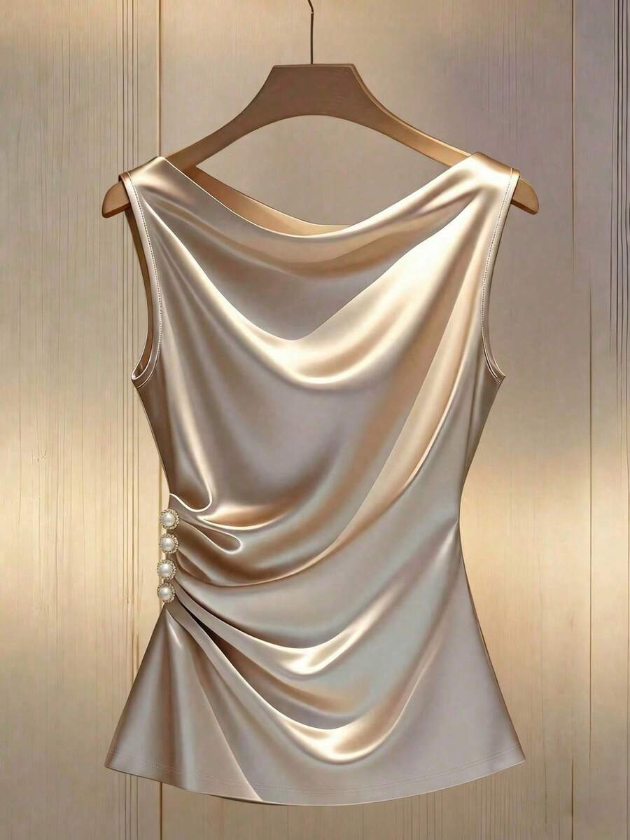 Camiseta de tirantes con pliegues en la cintura para niña preadolescente elegante - Dorado - Ver 1