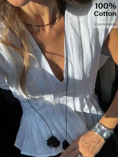 Siren Gaze Women's Elegant Summer Tops White V Neck Cap Sleeve Pleated Slim Fit Peplum Top Casual Classy Formal Business Office Work Daily Vacation Party Spring Blouses For Women Ladies Elegant Women's Blouses Casual Outfits Office Wear Work Tops For Women Business Attire For Women New Arrival Blouse French Style Blouse Blouse For Women Elegant Classy Womens Tops For Summer Blouse For Women Pleated Top Women S White Top Working Blouse Women S Tops And Blouses