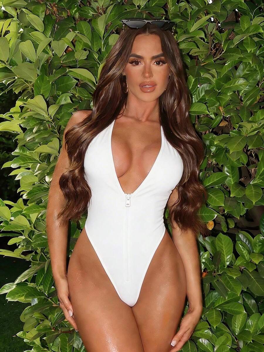 Swim SXY Women's White Plunge Neck Zipper High Cut Sleeveless Knitted One-Piece Swimsuit - White - View 1