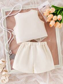 Souflis Souflis Bộ 2 món áo và quần short màu mơ cho bé gái, trang phục mùa hè thời trang công sở cho bé gái. - Màu be - Xem 2
