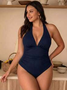 Swim Lushoire Baju Renang One Piece Wanita Ukuran Plus Warna Biru Tua, Baju Renang Halter Bertekstur 3D Elegan 2026, Baju Renang Pantai Musim Panas Pengontrol Perut dan Penutup Penuh - Navy Blue - View 1