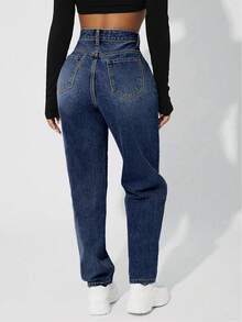 SHEIN PETITE Quần jeans cạp cao thời trang phong cách retro đa năng thường ngày thiết kế đơn giản - Màu xanh lam - Xem 5