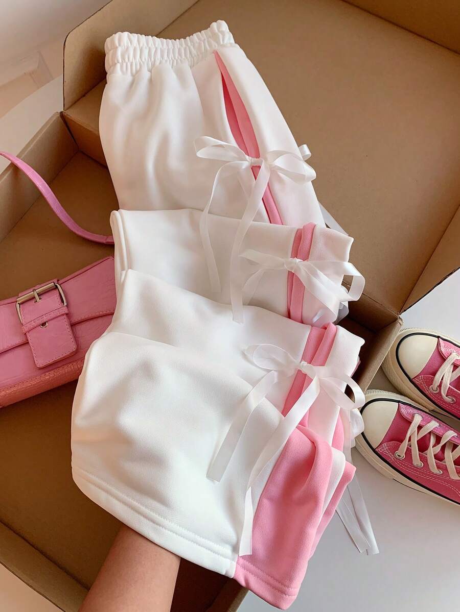 SHEIN EZwear 女式松紧腰撞色直腿休闲白色运动裤配蝴蝶结 - 白色 - 查看 1