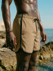 ZELFYO Men's Solid Color Minimalist Casual Beach Shorts - Khaki - View 6