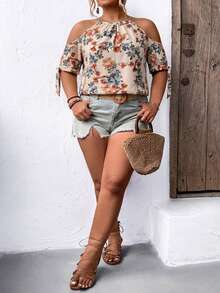 SHEIN CURVE+ Plus Size Women's Off-Shoulder Bow-Tie Printed Casual Blouse Vacation Beige Summer - Multicolor - View 6