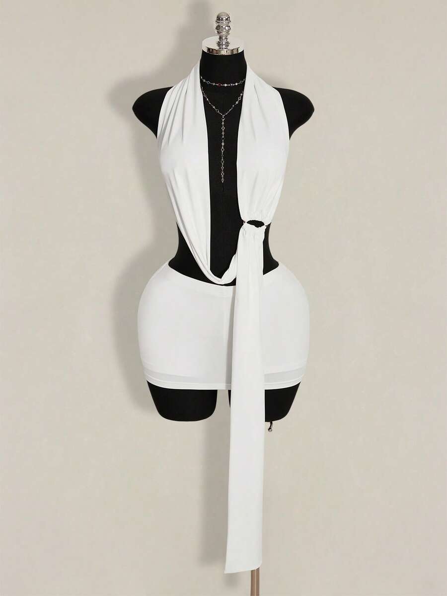 SHEIN ICON Asymmetrical Halter Backless Tank Top & Mini Skirt 2 Pieces Set For Women - White - View 1