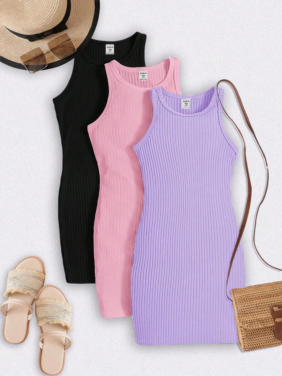 SHEIN Kids 3pcs/Set Teen Girl Solid Color Knit Round Neck Sleeveless Fitted Casual Dress - Purple - View 1