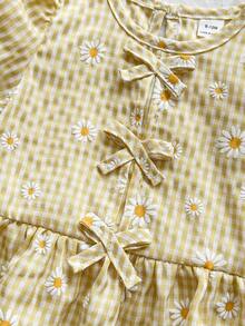 SHEIN Baby Girls' Blouse With Unique Floral Fabric Texture, Countryside Vacation Style, Cute & Fashionable, Comfortable For Spring/Summer, Bow Decor - Yellow - View 8
