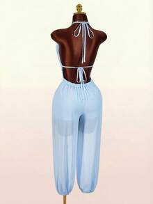 2026 New Deep V-Neck Casual Vacation Lantern Pants Jumpsuit For Women - Blue - View 5