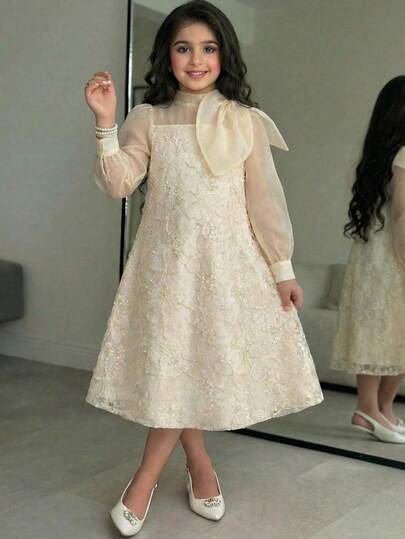 SHEIN Tween Girl Spring/Summer Luxurious Elegant Floral Beaded Embroidery Mesh & Organza Butterfly Decor Long Sleeve Dress, Suitable For Weddings, Parties, Holidays, Apricot
