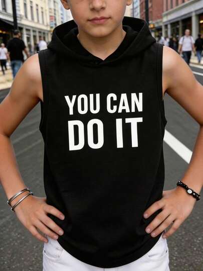 男童春夏休闲运动黑白无袖连帽T恤，印有“你能做到”标语