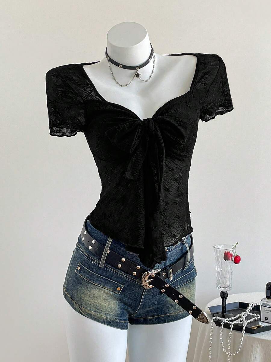 SHEIN Unity Women's Black Textured Mesh Bow Tie-Up V Neck Short Sleeve Sexy Tee, Versatile - Black - View 1