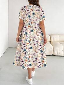 SHEIN CURVE+ Plus Size Casual Vacation Elegant Romantic Floral Print Short Sleeve Dress For Women, Suitable For Spring/Summer - Multicolor - View 2