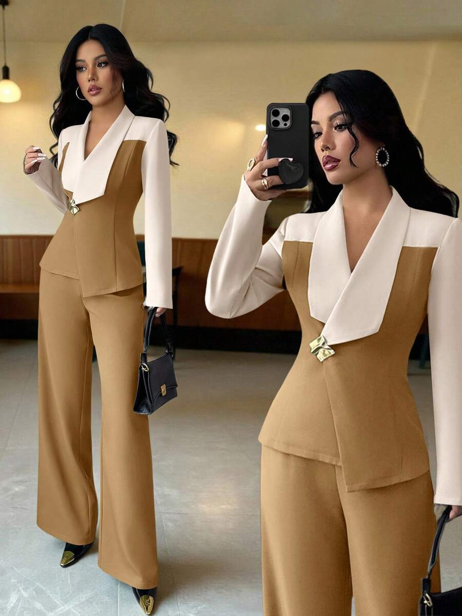 Elenzga Áo khoác công sở nữ mùa Thu/Đông, trang phục thường ngày thanh lịch, thắt eo bất đối xứng, đính kim loại, phù hợp cho người đi làm. - Màu Khaki - Xem 1