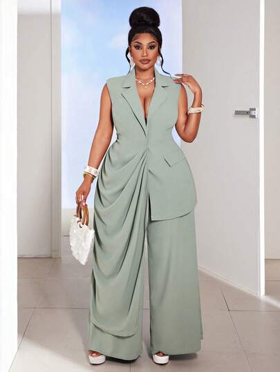 Maweii レディース 無地 襟付き ノースリーブ ビジネス通勤 エレガントファッション ブレザー&パンツスーツ (プラスサイズ)