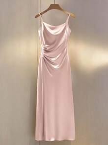 SHEIN LUNE 女士纯色褶皱仿珍珠装饰优雅吊带连衣裙 - 粉色 - 查看 3