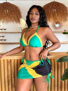Slaydiva Plus Size Women's 3 Pieces Set, Solid Color, Color Block, Multi-Color Placement Print, Fashion Vacation Casual Sexy 2026 New Triangle Cup High Waist Triangle Panty Semi-Sheer Mesh Sarong Halter Tie Bow Bestselling Bikini Swimwear - Multicolor - View 8