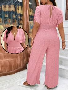 Weeklong Plus Size V-Neck Soft Knit Adjustable Shoulder Line Jumpsuit With Drawstring Waist, Casual Comfortable Outfit For Vacation - Pink - View 2