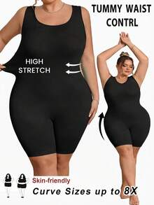 SHEIN CURVE+ 大码女士无缝塑身衣，胸部和臀部提拉 - 腹部、腰部和大腿塑形连体衣，曲线加大码，Hoho Vacation沙滩装/沙滩裙/沙滩度假装/沙滩必备/毕业典礼/下午茶派对礼服 - 黑色 - 查看 2
