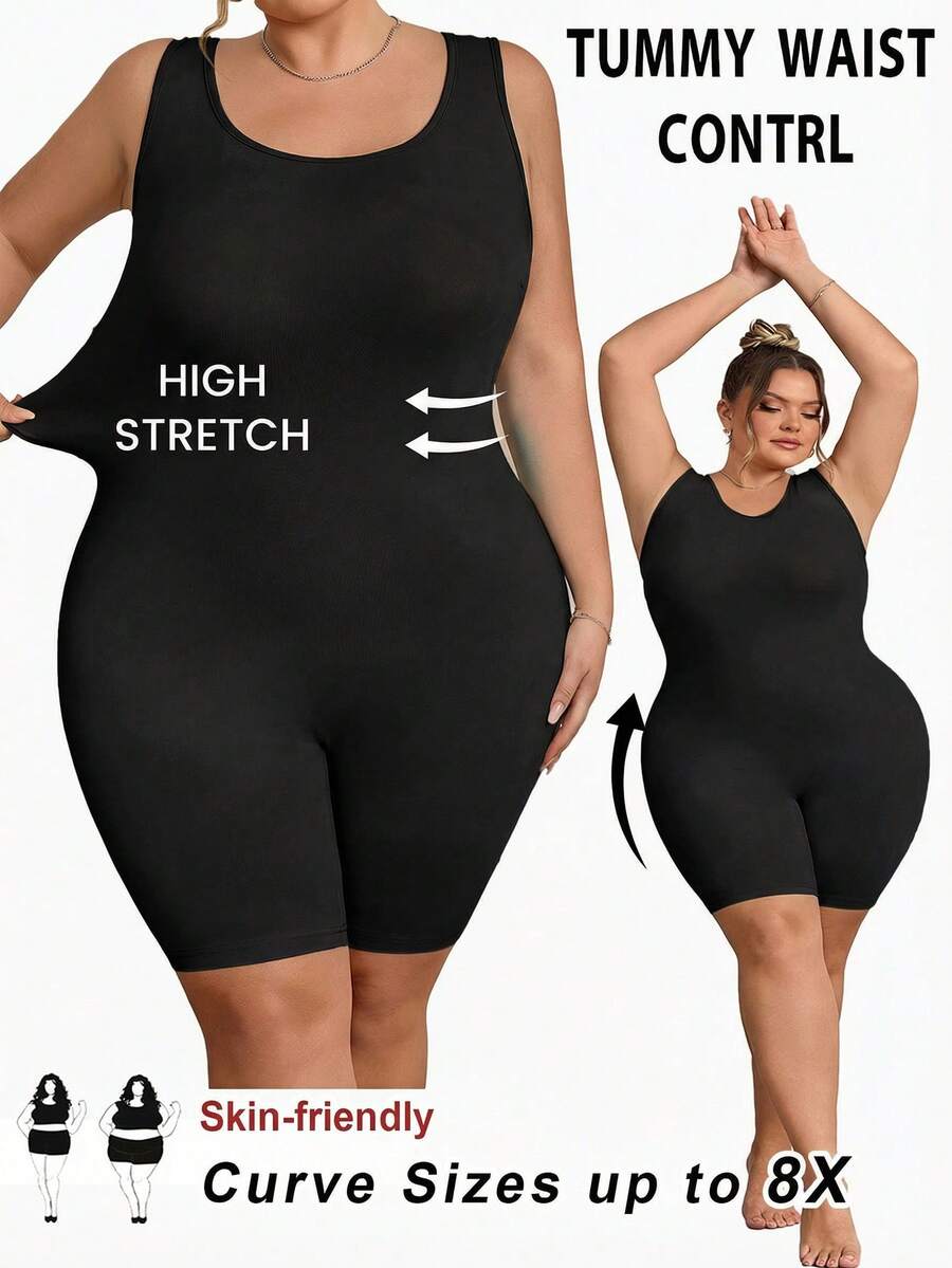 SHEIN CURVE+ 大码女士无缝塑身衣，胸部和臀部提拉 - 腹部、腰部和大腿塑形连体衣，曲线加大码，Hoho Vacation沙滩装/沙滩裙/沙滩度假装/沙滩必备/毕业典礼/下午茶派对礼服