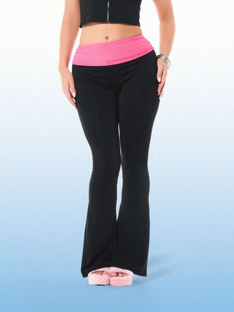 BABYPHAT Legging Flare com Cintura Dobrada, Estampa de Slogan, Malha, Cintura Alta, Stretch, com Marca