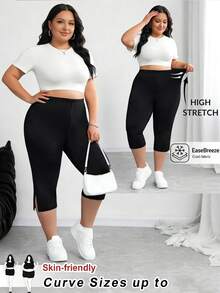 SHEIN CURVE+ 女士纯色休闲修身开衩七分裤，适合运动、商务休闲、外出等场合，风格复古，也适合教师穿着，七分裤款式多样，是夏季女士的理想选择。 - 黑色 - 查看 6