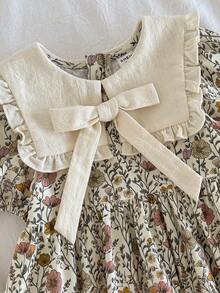 Loomiva Baby Girl Floral Print Color Block Puff Sleeve Cinched Waist Dress, Versatile & Comfortable - Multicolor - View 4