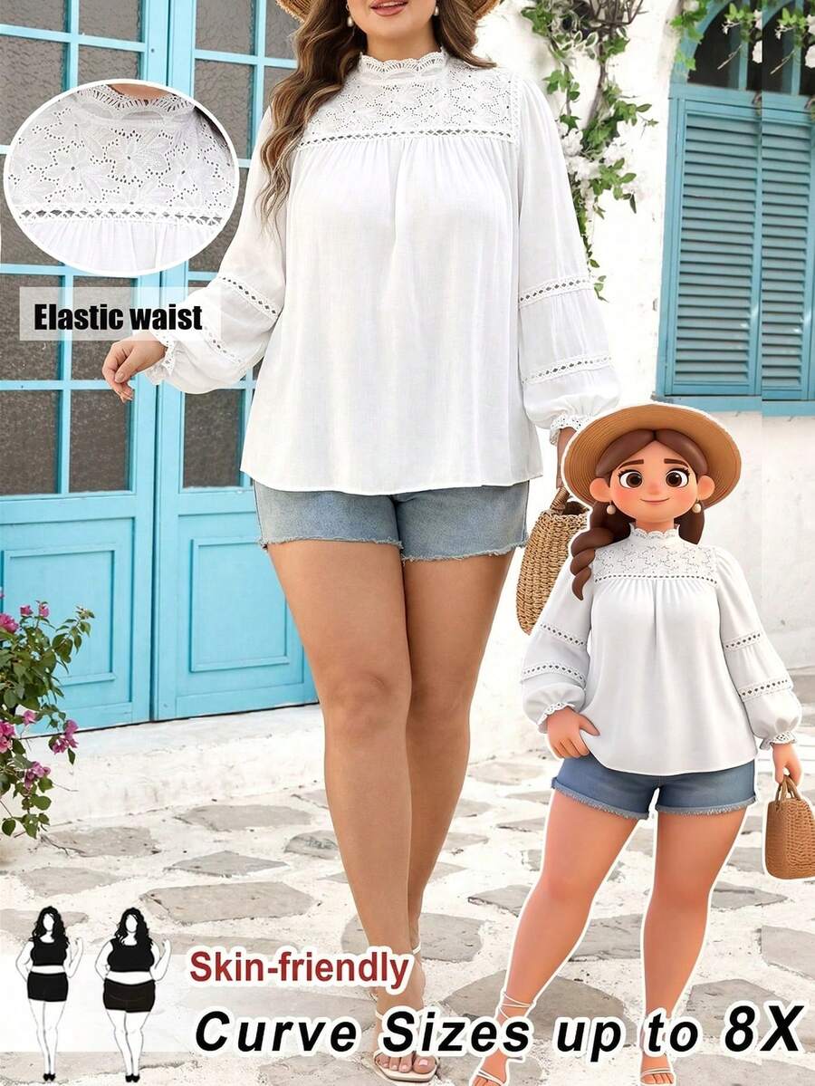 SHEIN CURVE+ Áo sơ mi nữ màu trơn đơn giản, thời trang thường ngày, cổ lọ tay dài phối ren, chất liệu vải trắng trơn có họa tiết, thích hợp cho lễ hội âm nhạc, kỳ nghỉ bên bờ biển, phong cách bohemian. Thích hợp cho mùa xuân/hè. - trắng - Xem 1