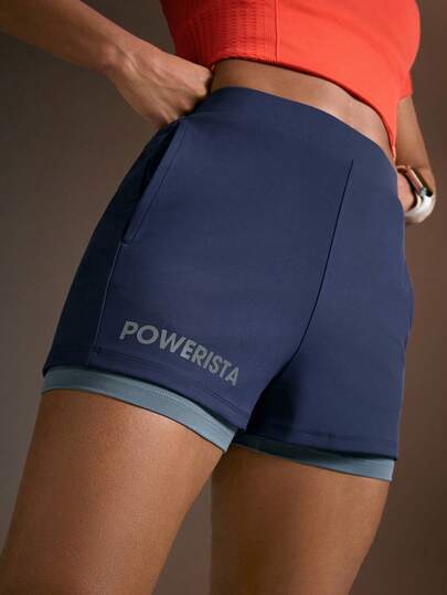 Powerista 字母印花松紧腰斜插口袋休闲运动短裤