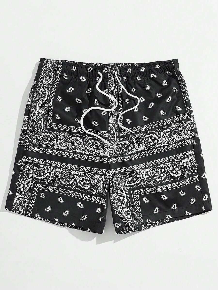 EASEVO Men Plus Size Casual Drawstring Waist Cashew Print Shorts, Vacation, Father's Day Gifts, Football - Black and White - View 1