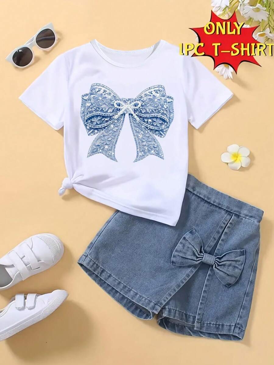 Elladie kids 1件女童休闲可爱碎花夏季度假印花针织圆领短袖T恤，适合夏季度假外出穿着，2026春夏新款，夏季穿搭 - 白色 - 查看 1