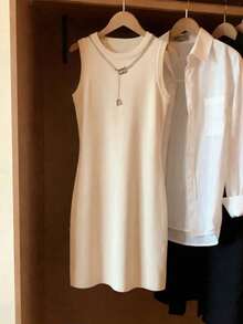 Resyla Vestido de camiseta ajustado con cuello redondo y estampado de rayas, nueva llegada de primavera/verano para mujer - Blanco - Ver 3