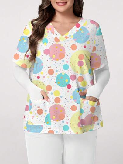 PopScrub Áo nữ cỡ lớn in họa tiết tròn nhiều màu sắc, cổ chữ V, tay ngắn, có túi, quai đeo tai, thiết kế xẻ tà, thích hợp làm đồng phục y tá mùa xuân/hè, áo trắng họa tiết tròn.