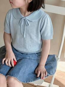 Dazy Kids Young Girl Solid Color Peter Pan Collar Short Sleeve Cute Sweater - Baby Blue - View 3