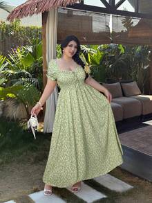 Vibekara Plus Size Fashionable Casual Ditsy Floral Waist Cinched Dress - Green - View 7