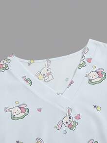 PopScrub Women's White Summer Scrub Top,Cute Rabbit Cartoon Print V-Neck Short Sleeve Nurse Doctor Uniform,Maid School Work Veterinary Grooming Lab Coat - White - View 3