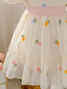 SHEIN Glamorique Kids 女婴优雅杏色刺绣网纱泡泡袖圆领可爱收腰双层荷叶边连衣裙，正式场合连衣裙，女婴派对连衣裙，女婴春季连衣裙，女婴公主裙，女婴派对连衣裙，母女亲子装，母女装，婴儿派对连衣裙，迎婴派对服装 - 杏色 - 查看 10