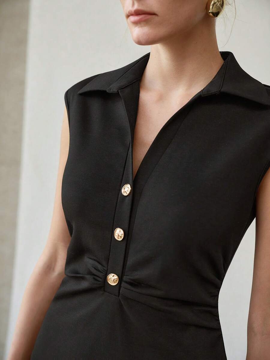 MOTF PREMIUM WOMEN'S RUCHED METAL BUTTON KNIT DRESS - Black - View 2