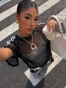 Muchica Black Mesh Raglan Sleeve Sheer Casual Summer T-Shirt For Women,Summer Top - Black - View 3
