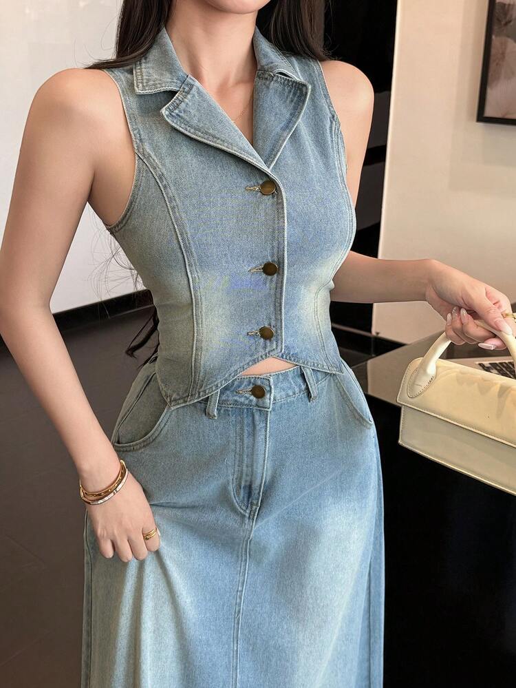 Women's Casual Washed Denim Vest And Mini Skirt Suit, Spring/Summer,Wedding Guest Dress Women