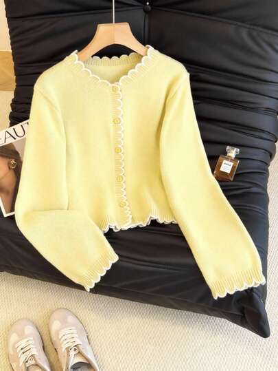 SHEIN Franclia Women's Autumn/Winter French Romantic Contrast Color Ruffle Trim Button Front Cardigan, Suitable For Commuting