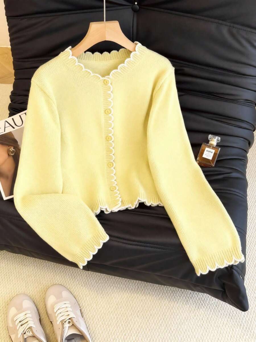 SHEIN Franclia 女士秋冬法式浪漫撞色荷叶边纽扣开衫,适合通勤 - 黃色 - 查看 1